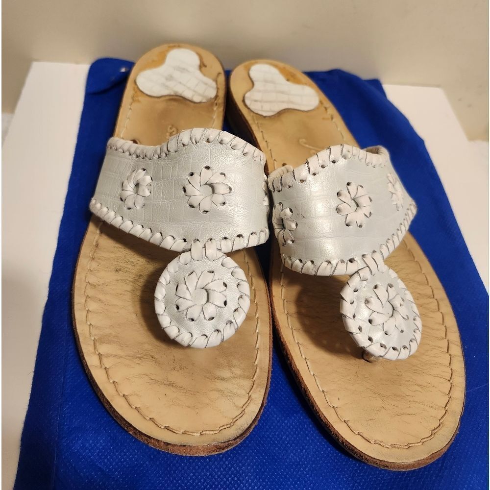 Jack Rogers "Navajo" Pearl White/Wht Trim Leather Thong Sandals Sz.6 Ret. $138